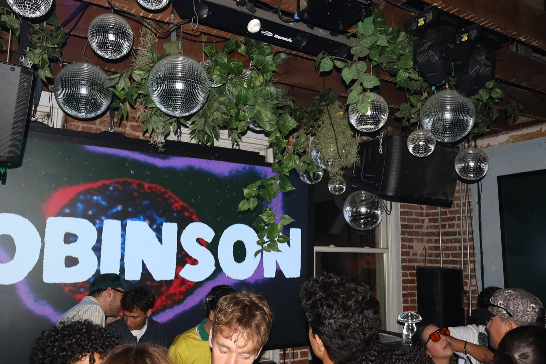 Disco balls and greenery above the crowd at The Robinson